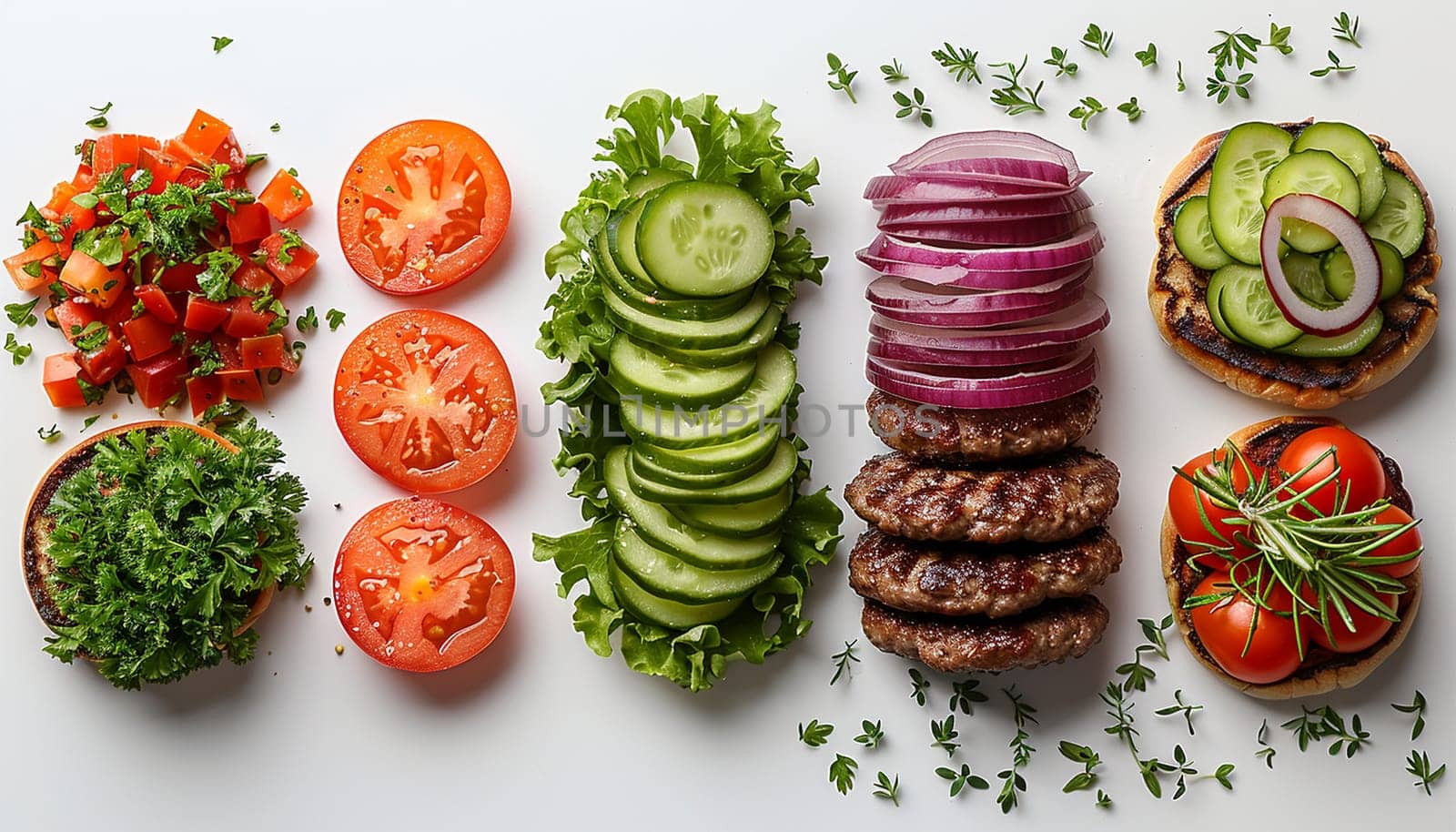 Burger and ingredients isolated on white background,cucumber,tomato and onion. Set of fast food. Meat and vegetables, Hamburger or Cheese burger Isolated on white. For restaurant, menu, street food, bakery, cafe, flyer top view