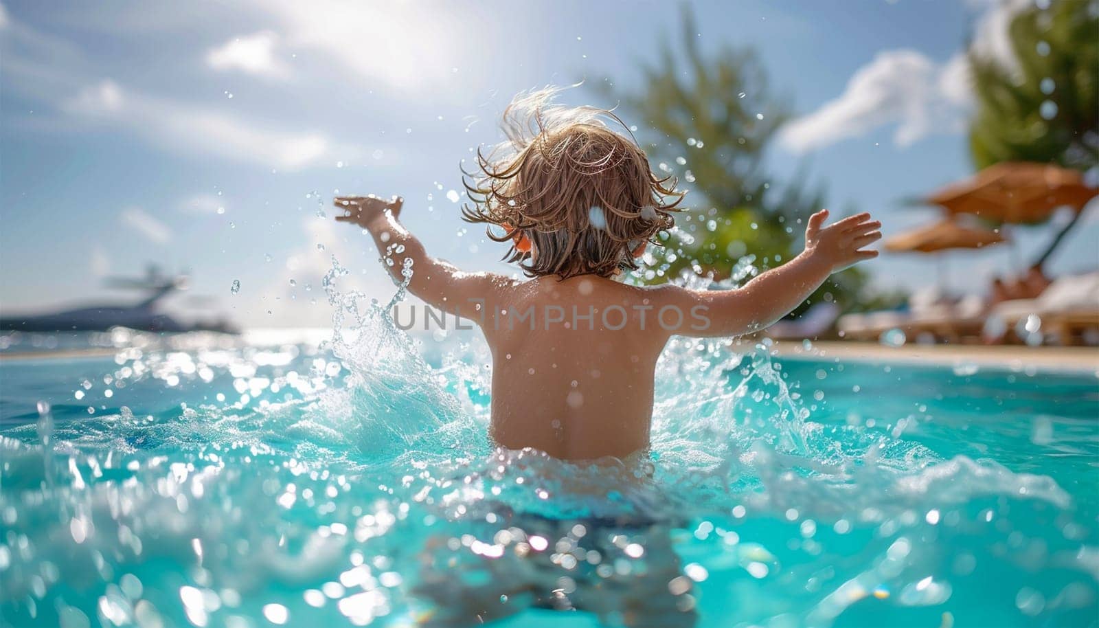 Happy child playing and splashing in pool. Young Boy Fun in the Swimming Pool in the summer. Summer Vacation Fun. Holiday