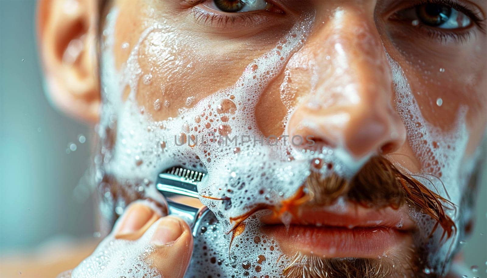 Bearded handsome man shaving using disposable razor in bathroom looking at mirror. Daily morning routine male hygienic beauty procedure. Guy shaves beard and moustache Close-up Beauty routine male