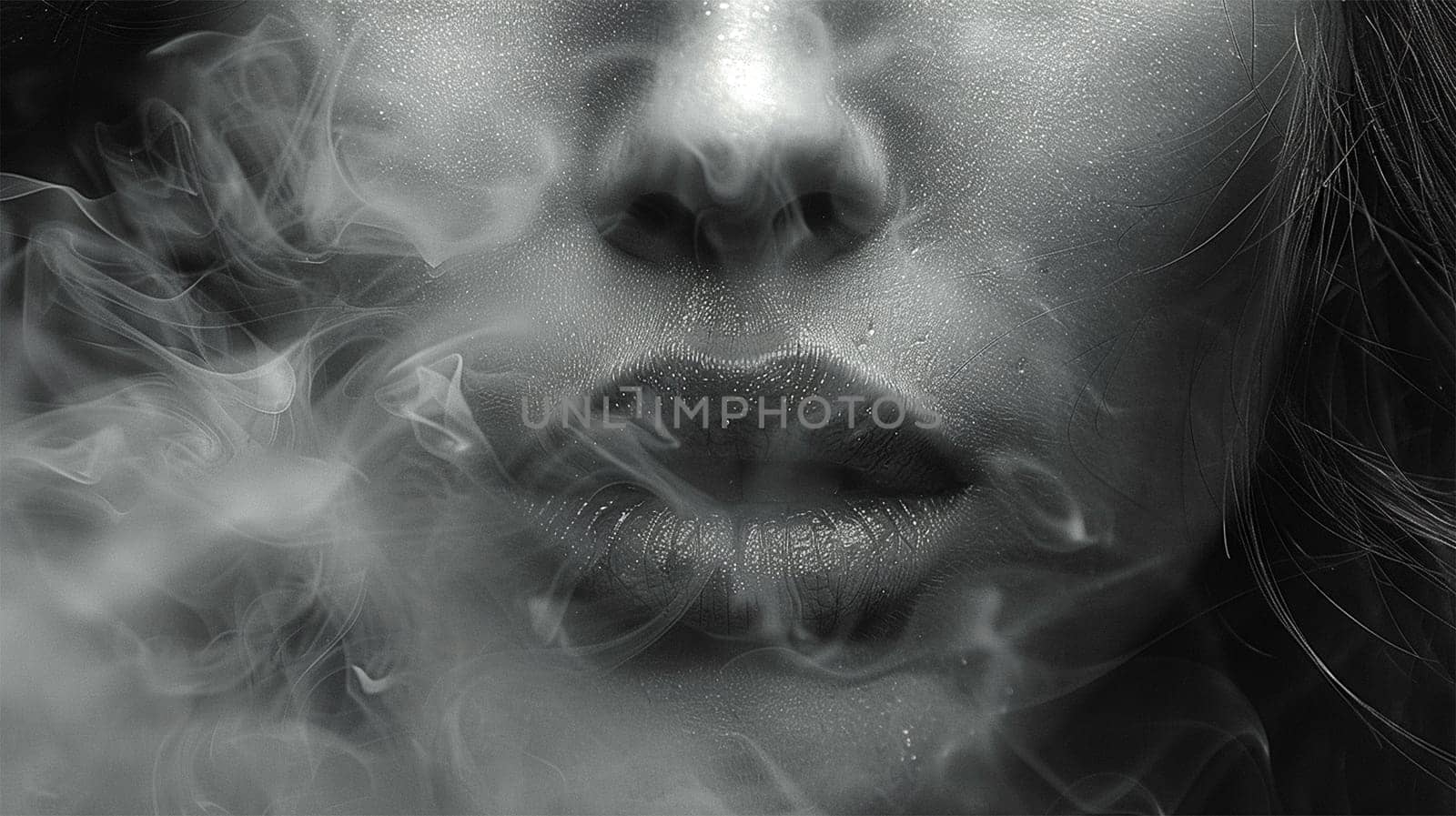 Sensual woman smoking a cigarette. Fashion art portrait of beauty model woman with smoke. Smoking girl, Close up of a female inhaling from an electronic cigarette. Night life concept. Black and white Sexy