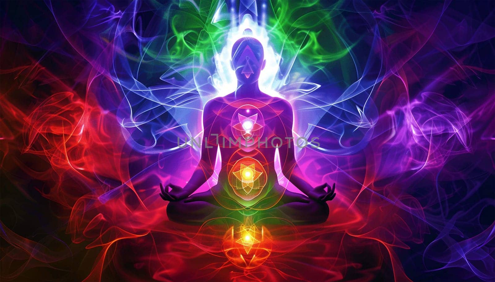 Beautiful woman sits in a pose of a half lotus on high place , she practicing yoga meditation glowing seven all chakra eyes closed calm. Kundalini energy. chakras glowing in galaxy 4k video meditation Chacra energy effect purple background. Blur color neon glow abstract background. Vibrant spectrum.