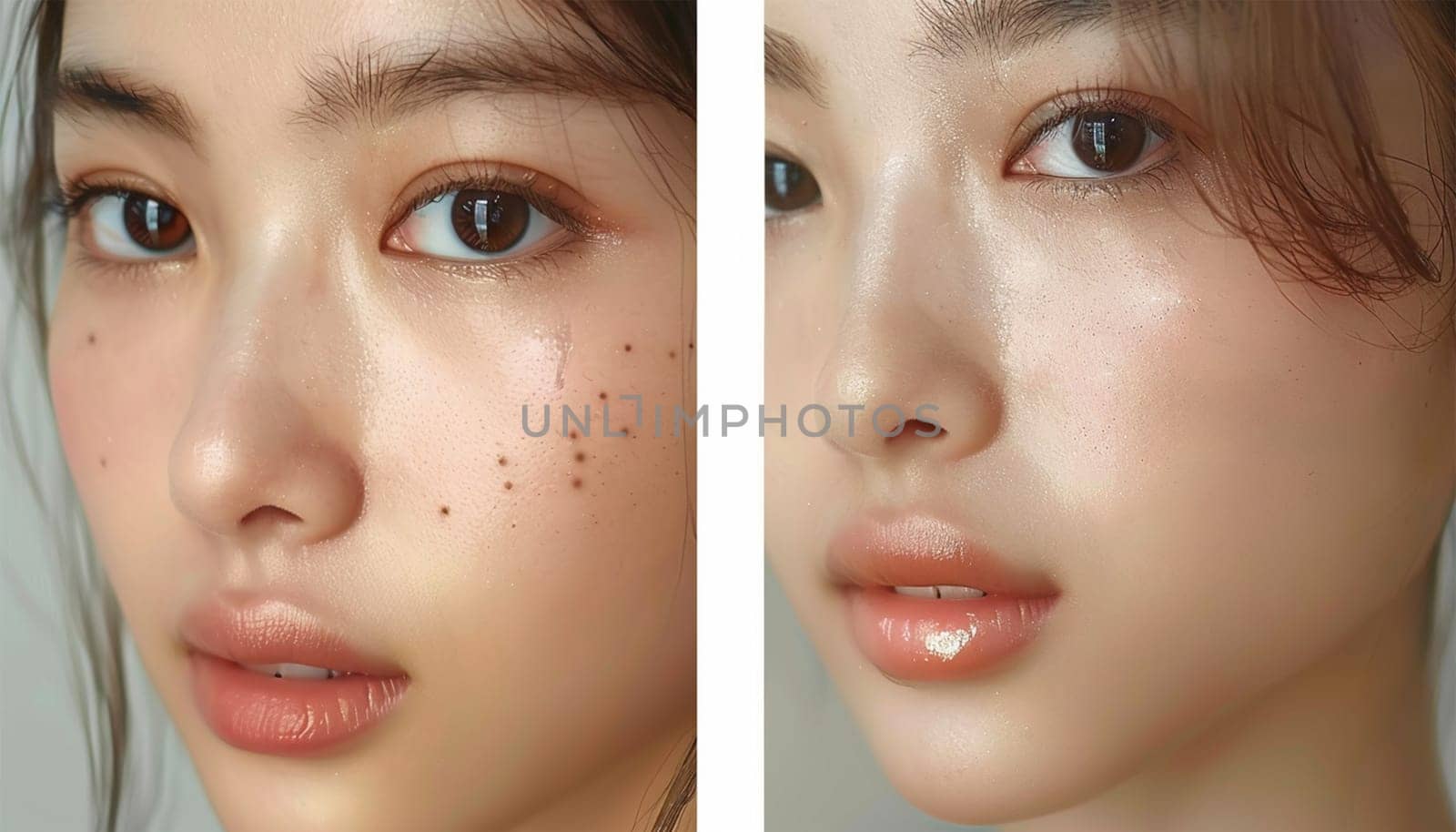 Beauty skin care young Asian half smooth skin. Skin of young woman before and after the cosmetics procedure, problem and smooth skin, concept of skincare Beauty product close up