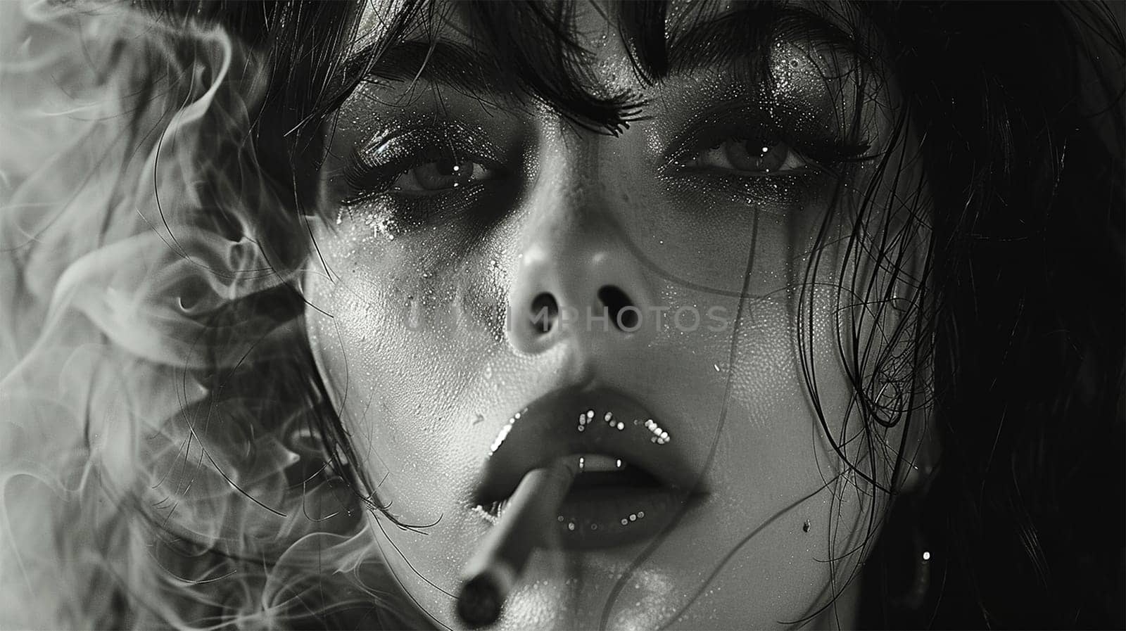 Sensual woman smoking a cigarette. Fashion art portrait of beauty model woman with smoke. Smoking girl, Close up of a female inhaling from an electronic cigarette. Night life concept. Black and white Sexy