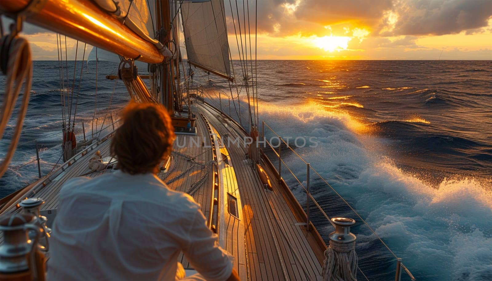 White yacht sailing in an open sea at sunset. A view from the deck to the bow, mast, sails. Epic cloudscape. Dramatic sky with glowing golden clouds after the storm. Racing, sport, leisure activity travel