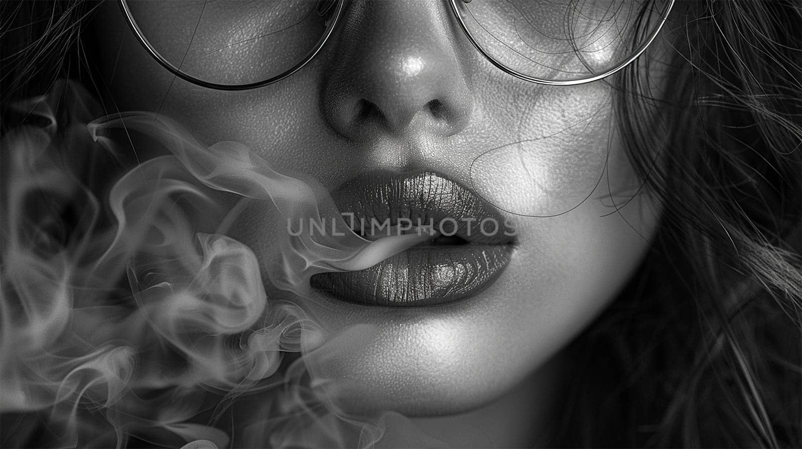 Sensual woman smoking a cigarette. Fashion art portrait of beauty model woman with smoke. Smoking girl, Close up of a female inhaling from an electronic cigarette. Night life concept. Black and white Sexy