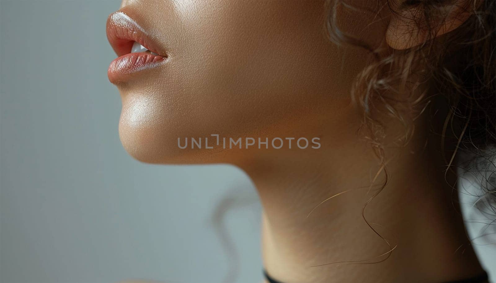 Female chin close up sideview. Beauty shot for spa salon. Close-up portrait beauty woman. Natural lip close up. Sexy and full lips. Clean skin