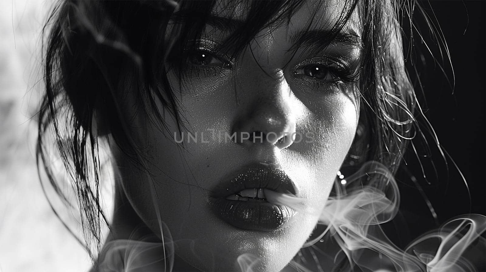 Sensual woman smoking a cigarette. Fashion art portrait of beauty model woman with smoke. Smoking girl, Close up of a female inhaling from an electronic cigarette. Night life concept. Black and white Sexy