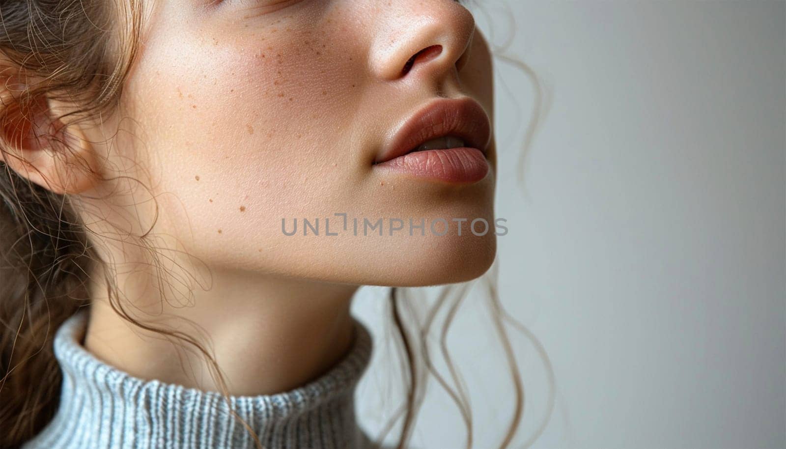 Female chin close up sideview. Beauty shot for spa salon. Close-up portrait beauty woman. Natural lip close up. Sexy and full lips. Clean skin