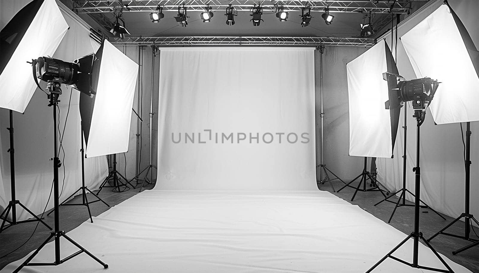 Commercial photo studio. Photo session studio. Photographer's workplace in commercial atelier agency. Sunny workspace interior with grey backdrop, backstage and lamp, umbrella, flashlight illumination equipment kit. No people