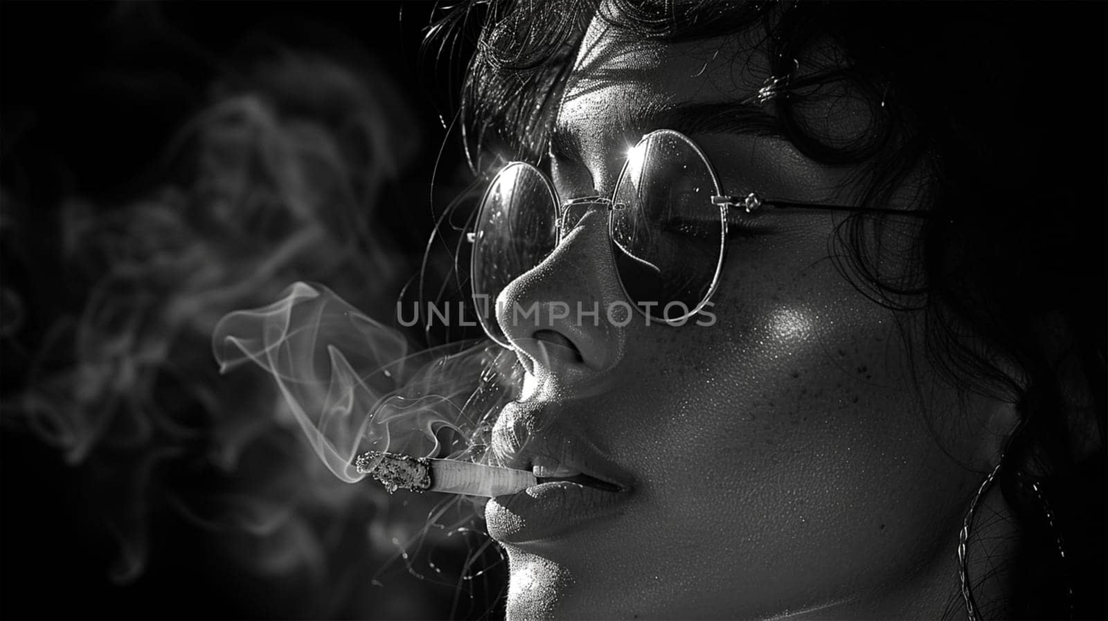 Sensual woman smoking a cigarette. Fashion art portrait of beauty model woman with smoke. Smoking girl, Close up of a female inhaling from an electronic cigarette. Night life concept. Black and white Sexy