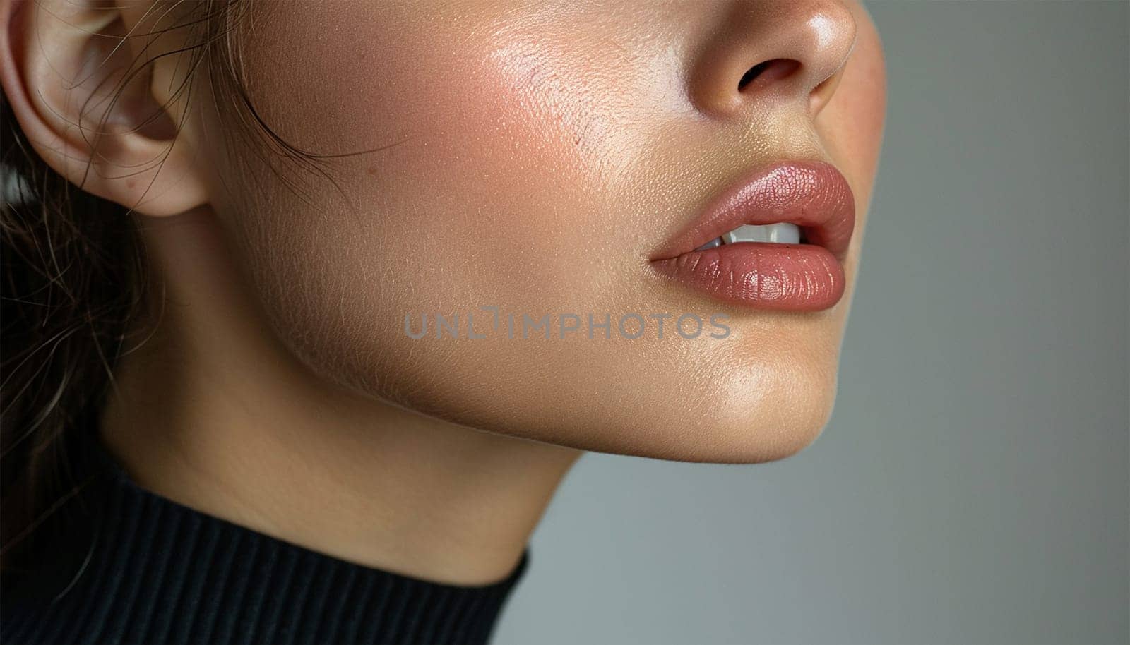 Female chin close up sideview. Beauty shot for spa salon. Close-up portrait beauty woman. Natural lip close up. Sexy and full lips. Clean skin