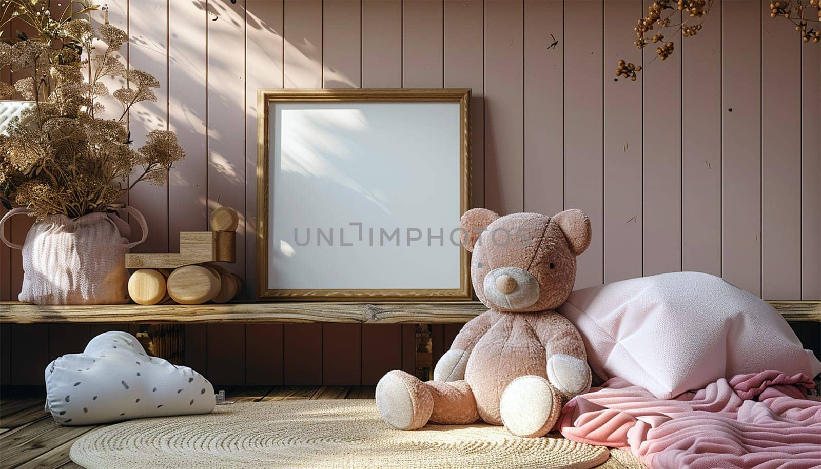 Minimalist cozy corner for kids. Scandinavian interior design of playroom with wooden cabinet, armchairs, a lot of plush and wooden toys. Stylish and cute child room decor. Cute toy bunny and bear pink