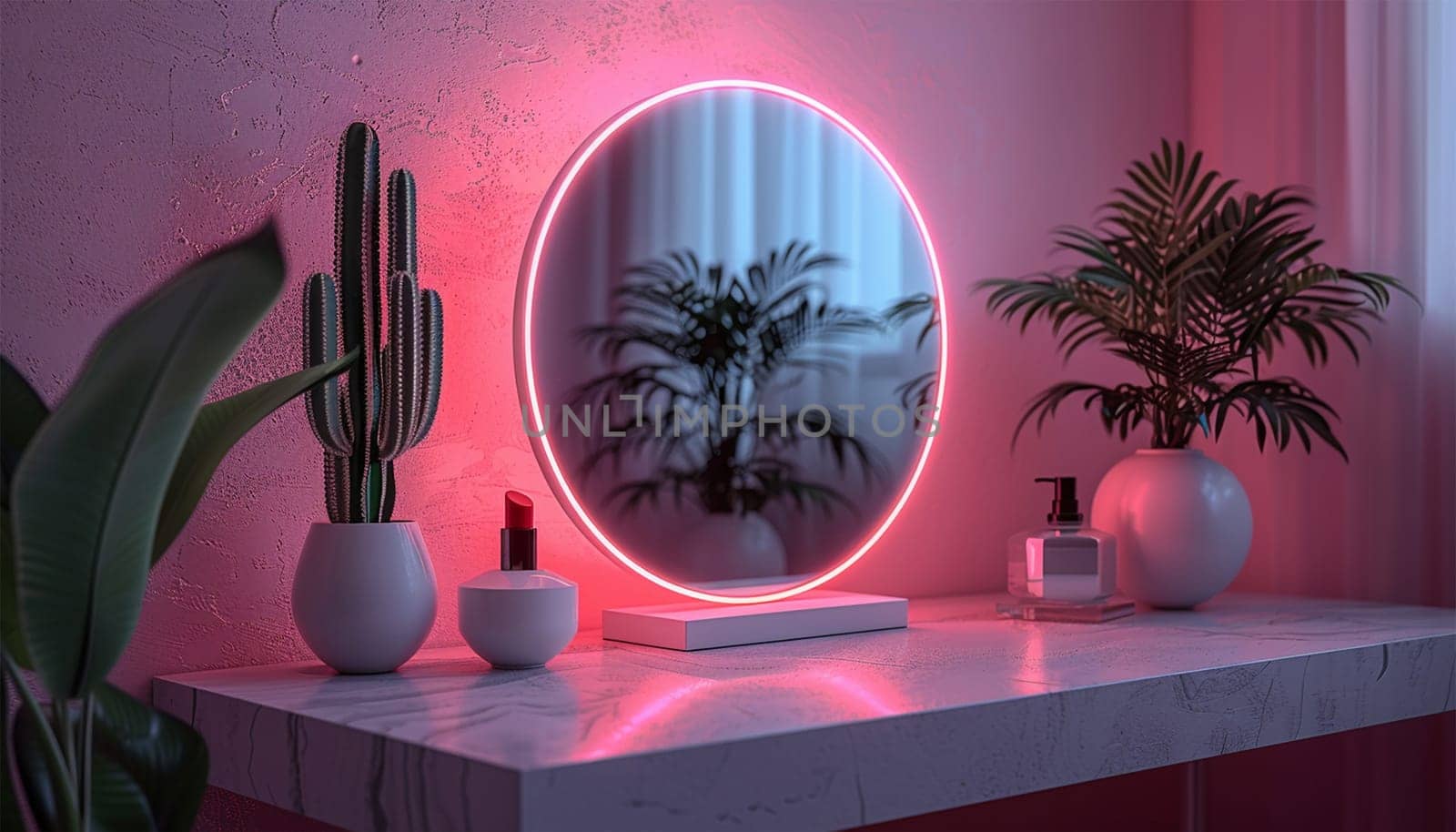 Glamour and pink makeup neon colors pink. Cosmetics and skin care products on white vanity table indoors. Luxury stylish cosmetics