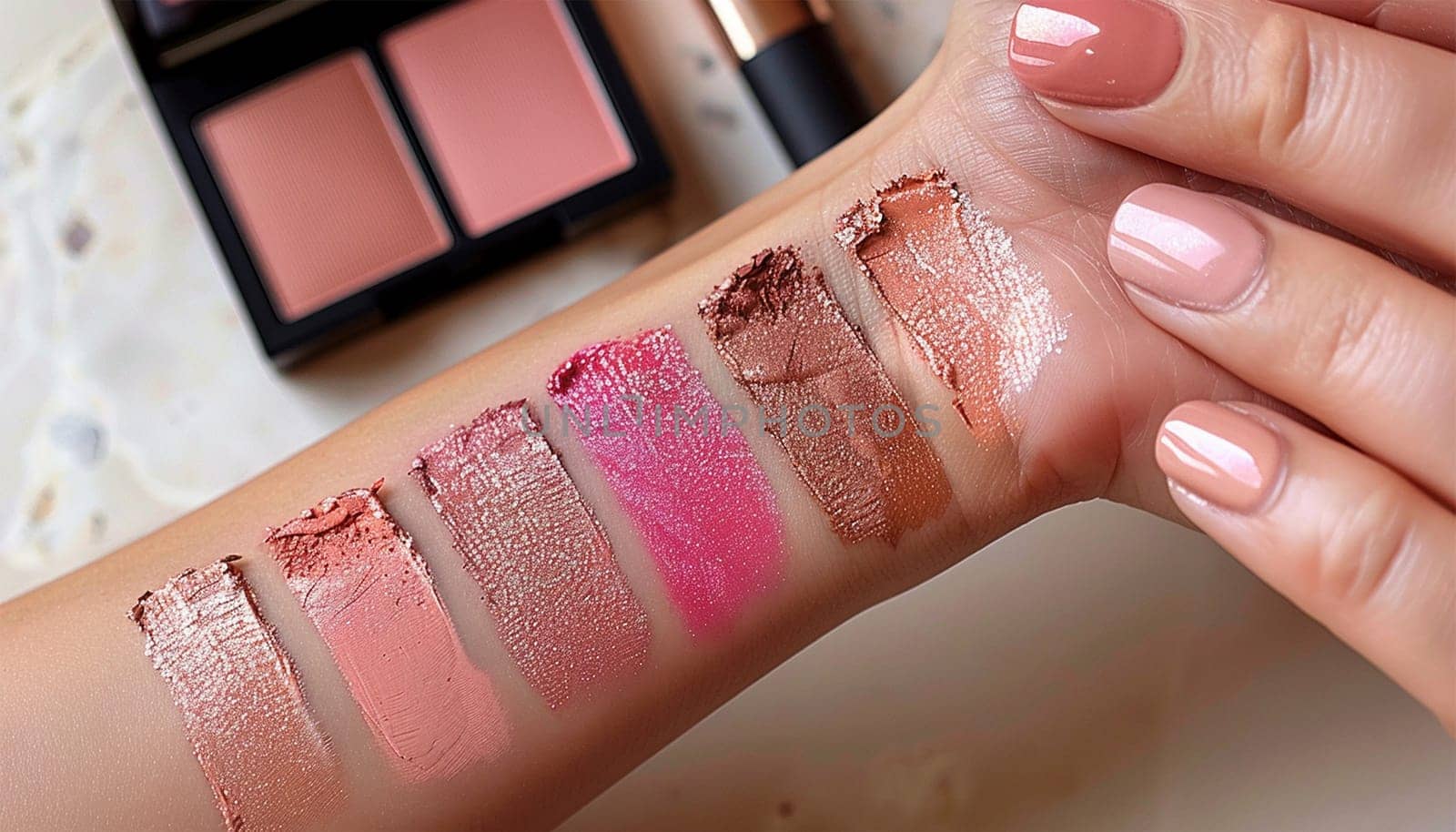 Different colored lipsticks on the arm. Female arm make up test on arm pink pastel colors. Beauty and fashion product top view