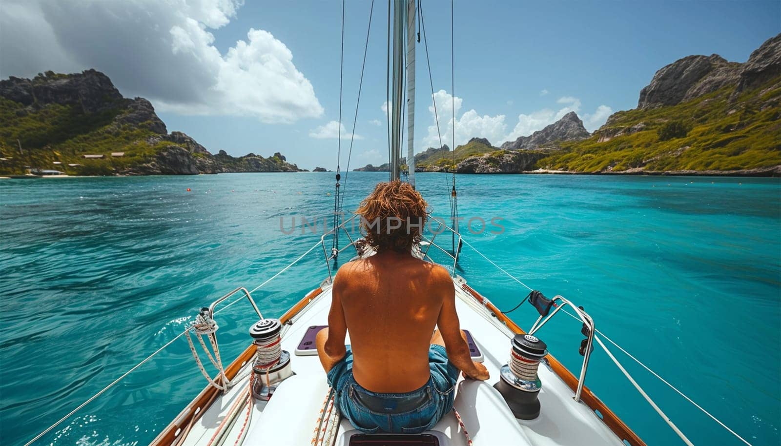 White yacht sailing in an open sea at sunset. A view from the deck to the bow, mast, sails. Epic cloudscape. Dramatic sky with glowing golden clouds after the storm. Racing, sport, leisure activity travel