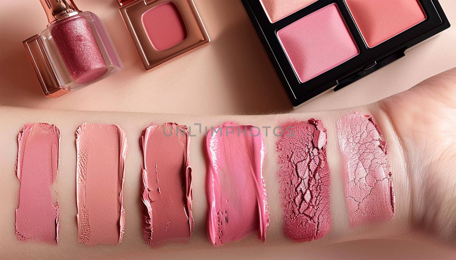 Different colored lipsticks on the arm. Female arm make up test on arm pink pastel colors. Beauty and fashion product top view