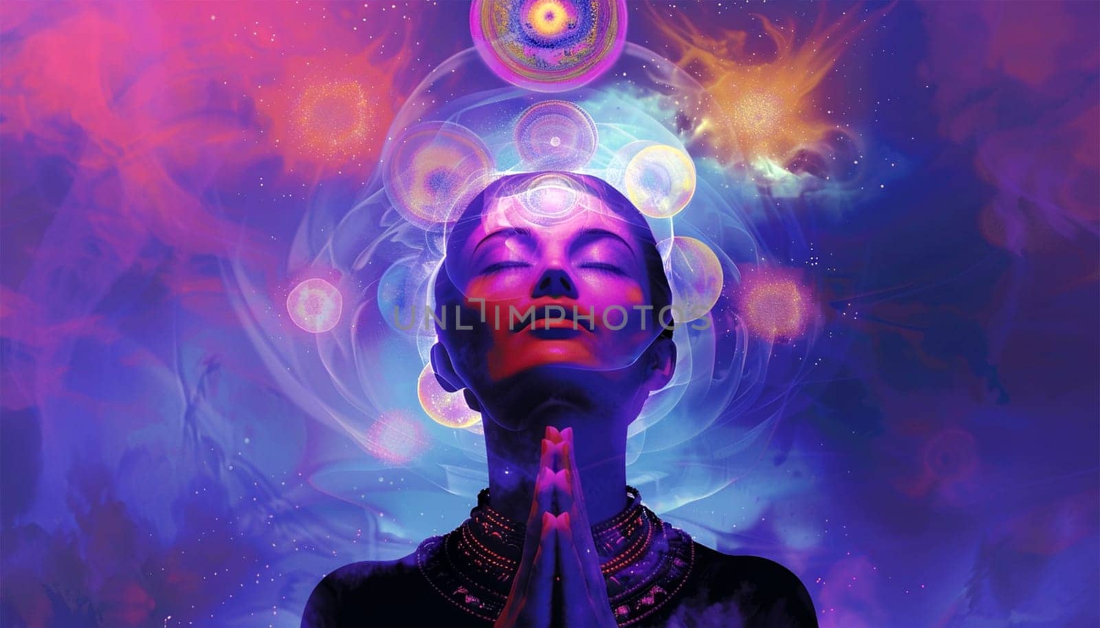 Beautiful woman sits in a pose of a half lotus on high place , she practicing yoga meditation glowing seven all chakra eyes closed calm. Kundalini energy. chakras glowing in galaxy 4k video meditation Chacra energy effect purple background. Blur color neon glow abstract background. Vibrant spectrum.