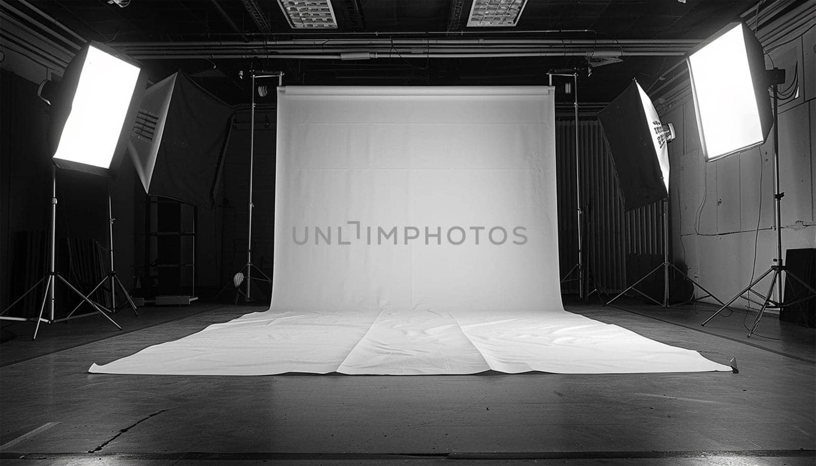 Commercial photo studio. Photo session studio. Photographer's workplace in commercial atelier agency. Sunny workspace interior with grey backdrop, backstage and lamp, umbrella, flashlight illumination equipment kit. No people