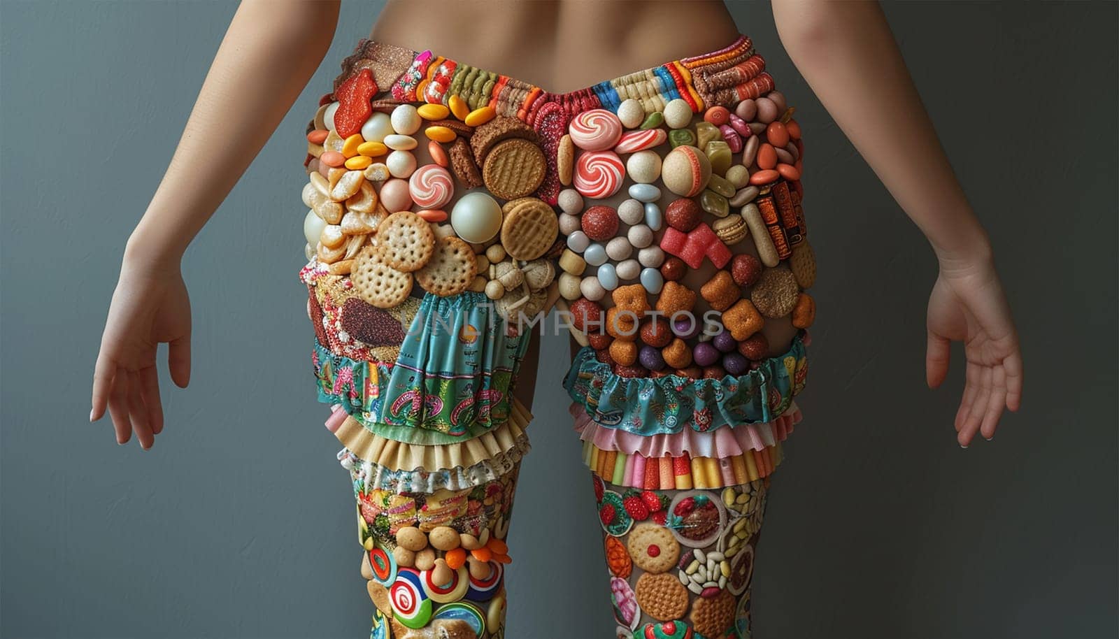Obese female figure made of candy sweets. Portrait of happy fat plump woman anticipating eating sweets, holding bar of chocolate and jar of candies. Concept for sugar and fast food. Unhealthy eating Copy space