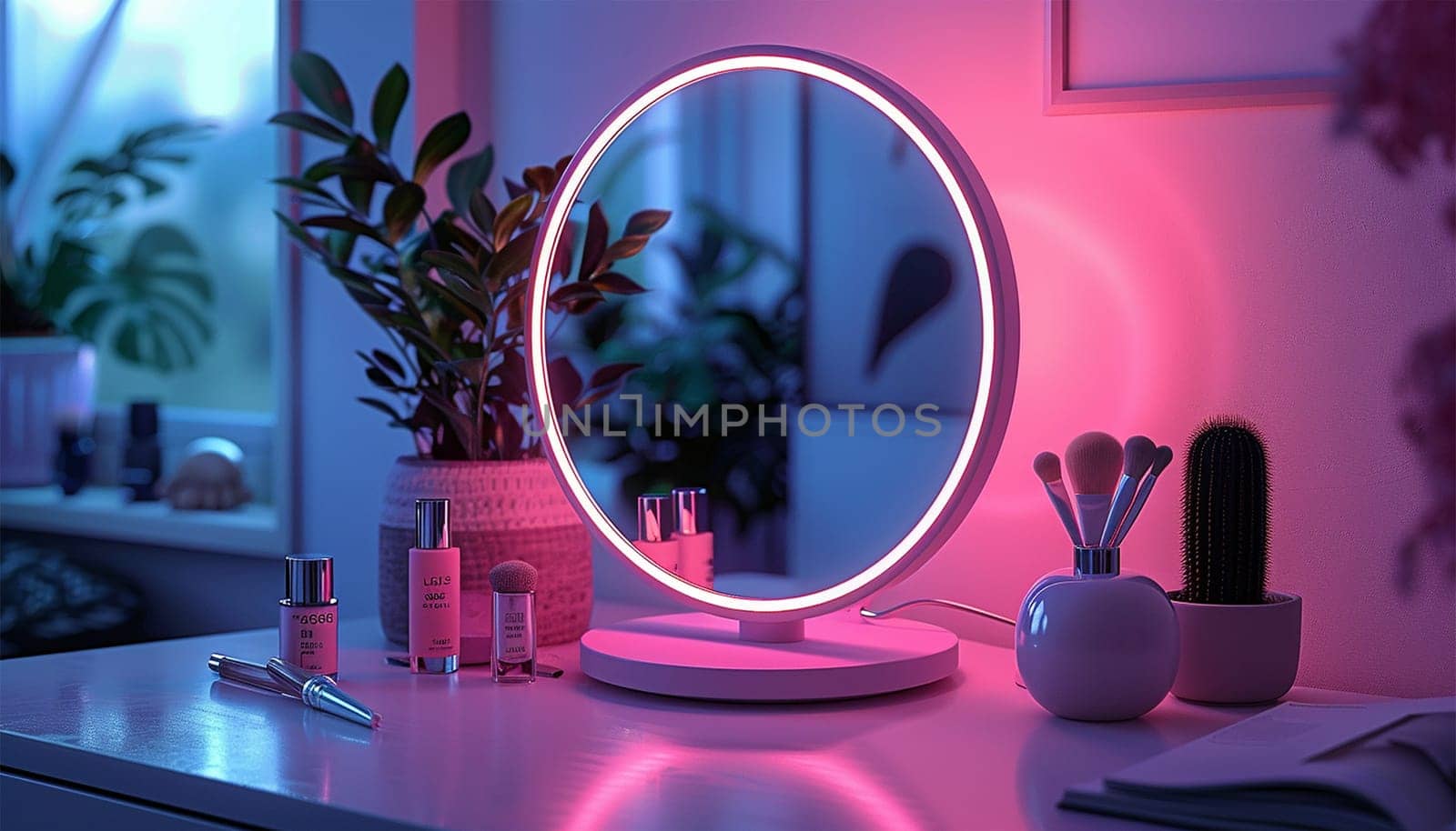 Glamour and pink makeup neon colors pink. Cosmetics and skin care products on white vanity table indoors. Luxury stylish cosmetics