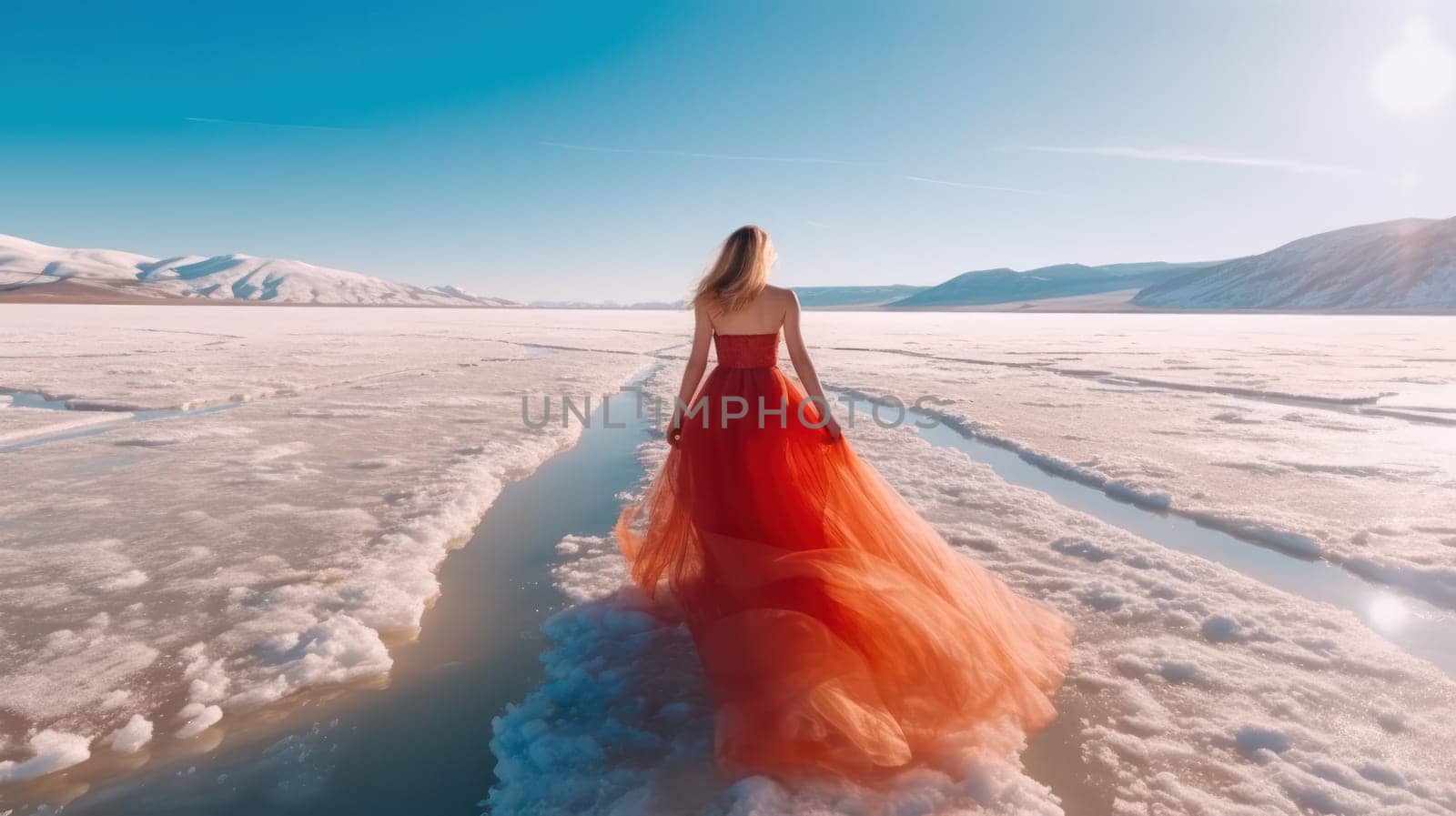 A woman in a flowing red dress walks down a narrow path on a frozen lake, surrounded by snowy mountains under a clear blue sky, creating a striking contrast.