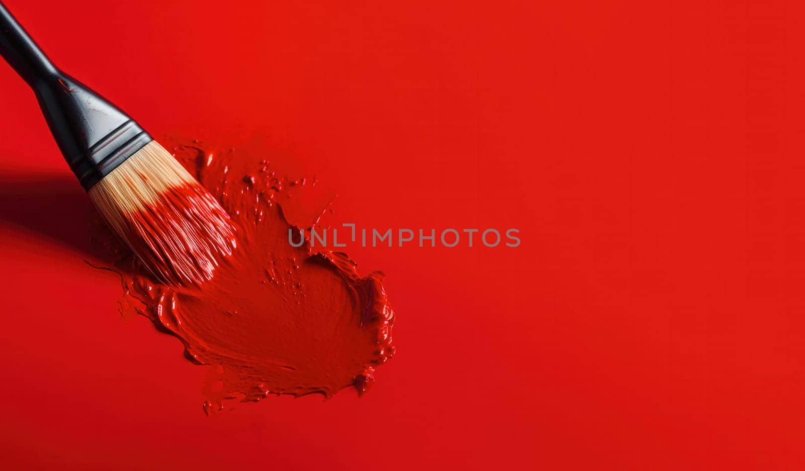 A bold stroke of glossy red paint applied with a wide brush on a vivid red background, emphasizing texture and color intensity.copy space
