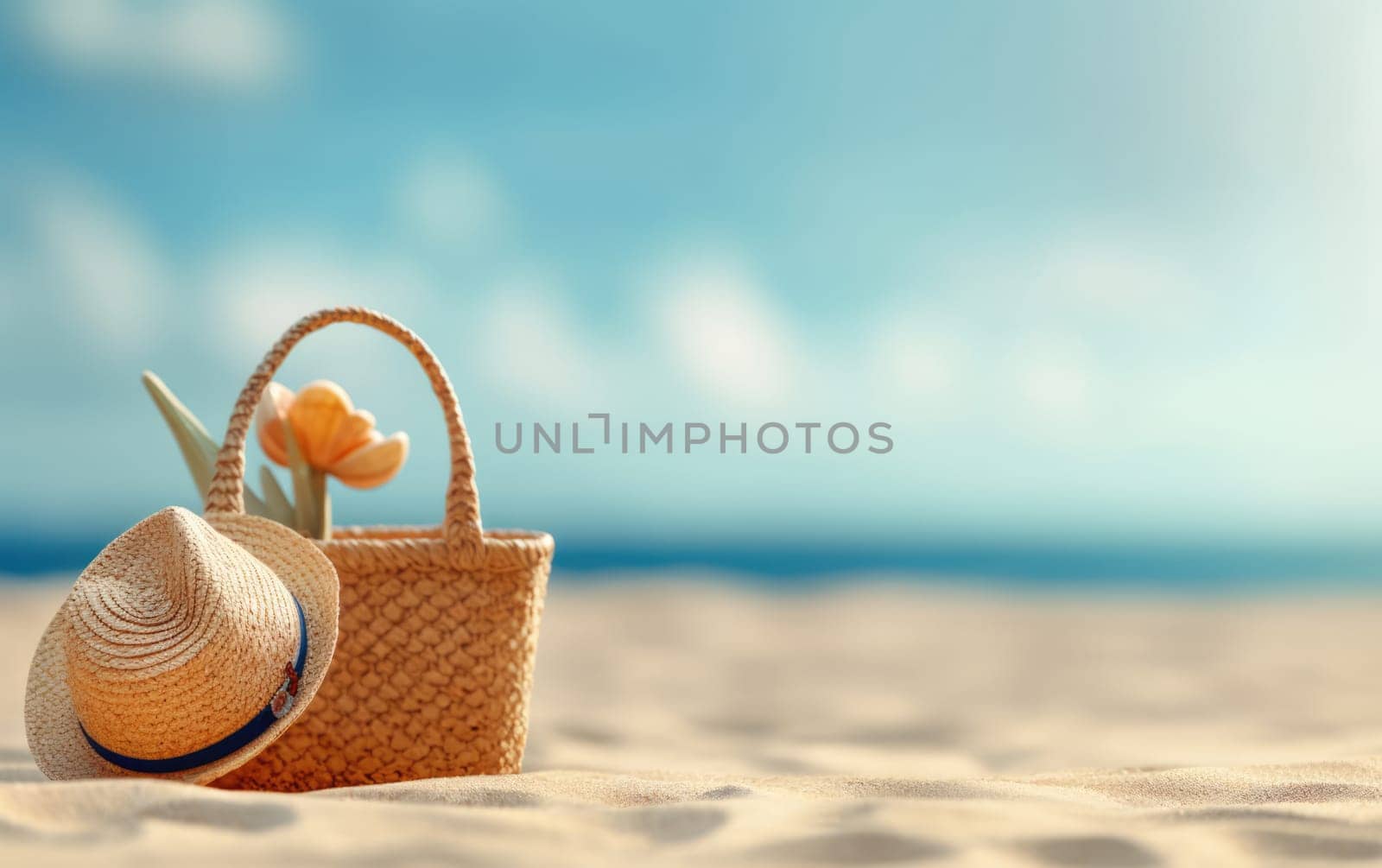 A straw hat and a woven basket with flowers placed on a sandy beach under a bright, sunny sky. Copy space available.vacation and travel concept