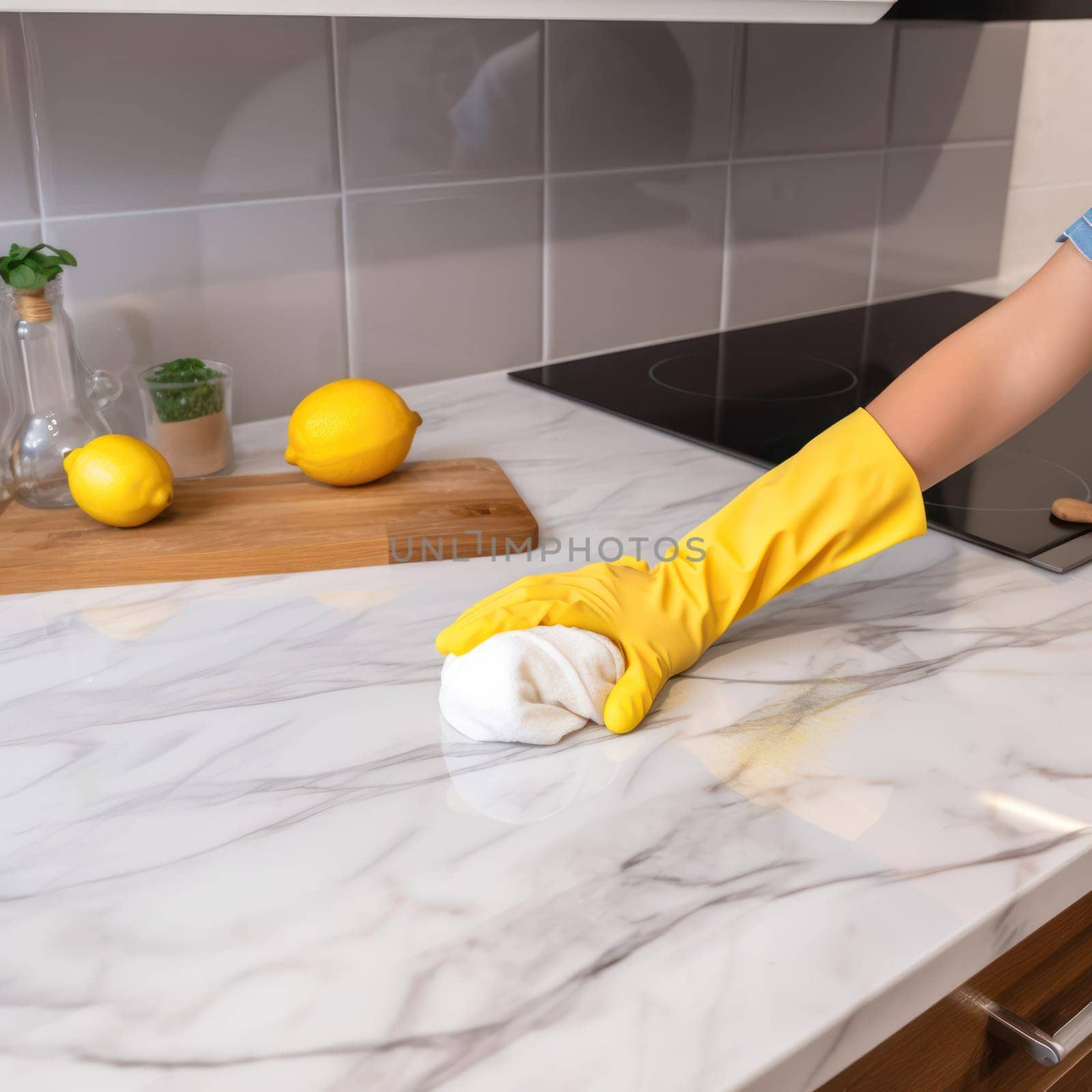 hand in a yellow rubber glove cleans a marble kitchen countertop with a rag, fresh lemons lie nearby. Copy space available.