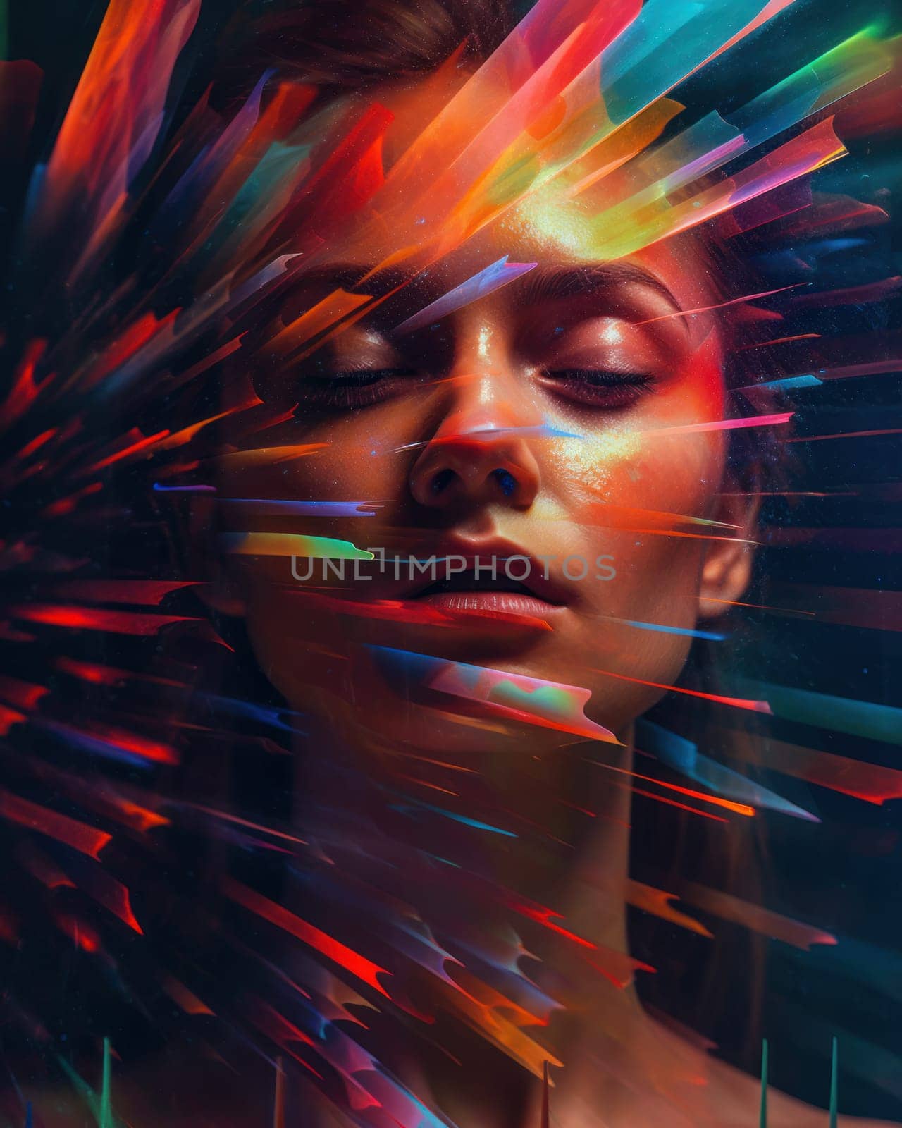 An artistic portrait of a woman with her eyes closed, surrounded by dynamic stripes of multi-colored light, conveying a sense of movement and creativity.