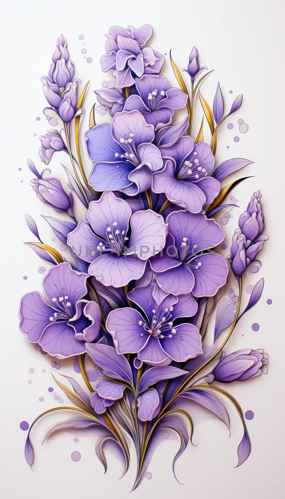 Artistic illustration of elegant purple flowers arranged in a delicate flowing pattern on a light background in a watercolor style.