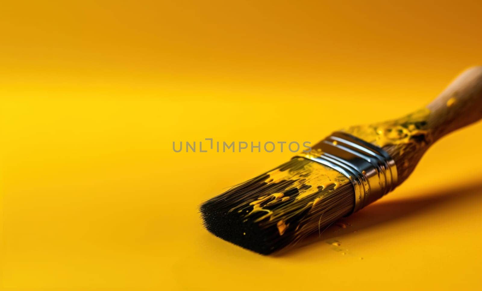 A close-up of a used brush rests against a bright yellow background, highlighting the textured bristles soaked in pai