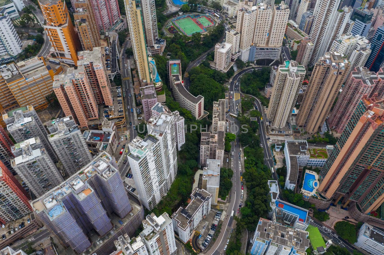 Tin Hau, Hong Kong 01 June 2019: Top view of Hong Kong city