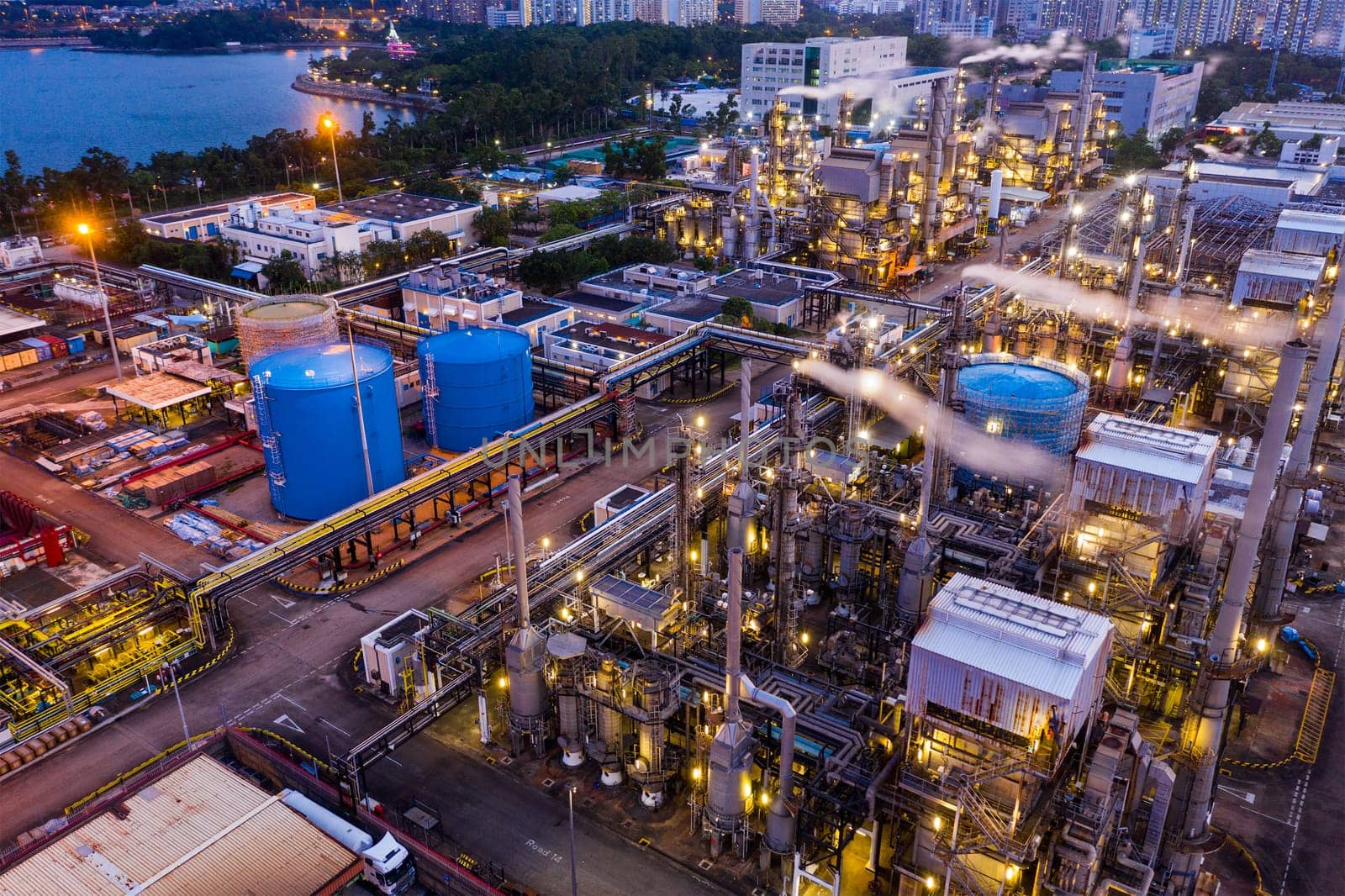 Tai Po, Hong Kong 19 May 2019: Top view of Hong Kong industrial factory at night