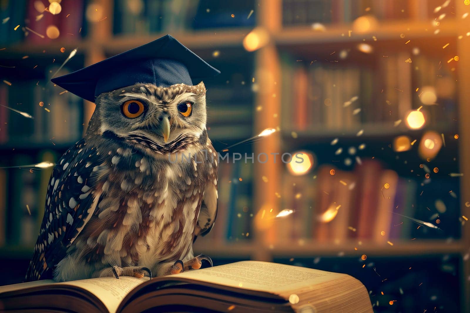 An owl wearing a graduation hat sitting on top of books in the library. Creativity and imagination. Lesson with wise owl teacher. AI generated