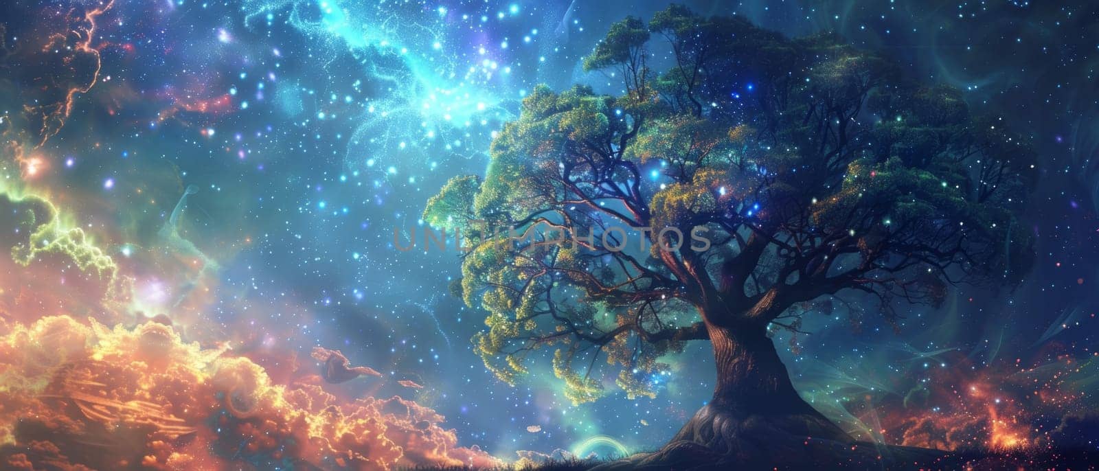 A vivid cosmic scene blending an ancient trees silhouette with the dazzling dance of stars, nebulas, and celestial colors