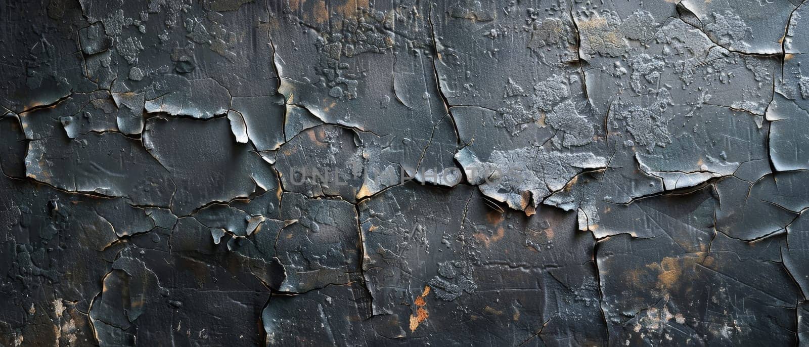 A dark surface presents varied crack patterns, hinting at diverse environmental effects over time. The differing crack widths create a compelling abstract aesthetic