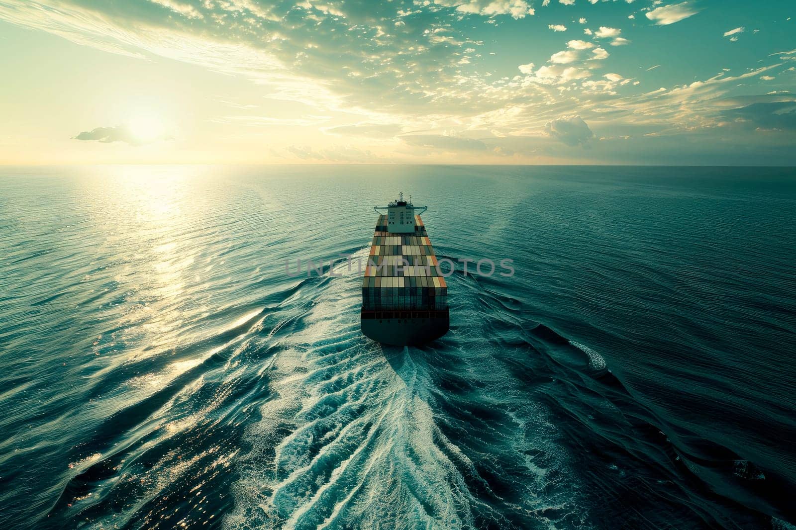 Container  ship in ocean at sunset dramatic sky background. International global business logistics transportation import export concept. AI generated