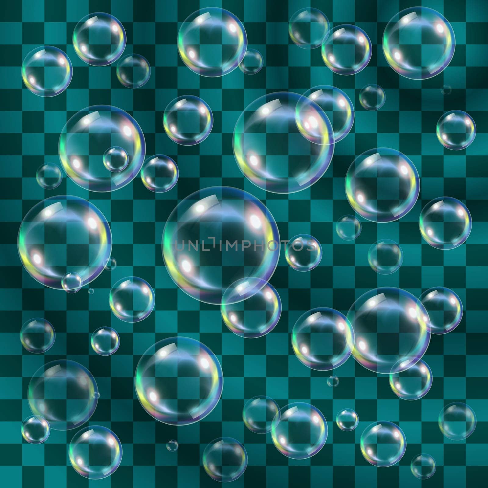Transparent and multicolored soap bubbles over turquoise. Easy to put over any background.