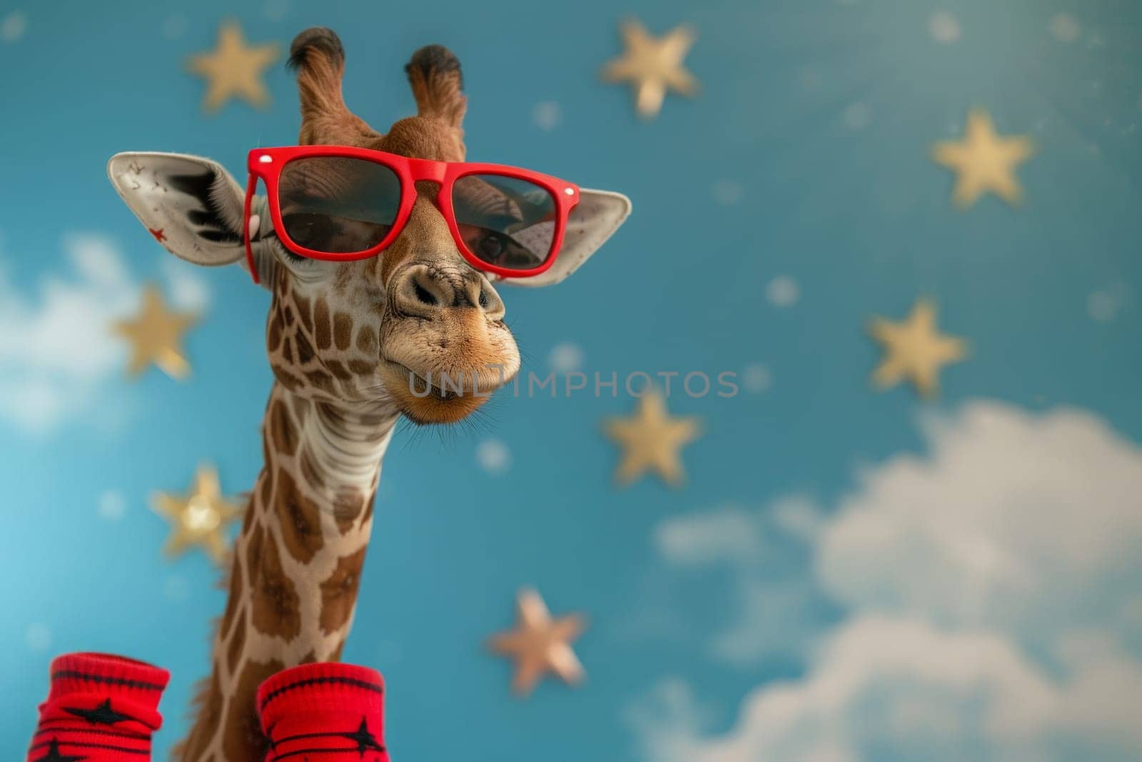 A giraffe with red striped socks on its feet, wearing stylish red sunglasses.