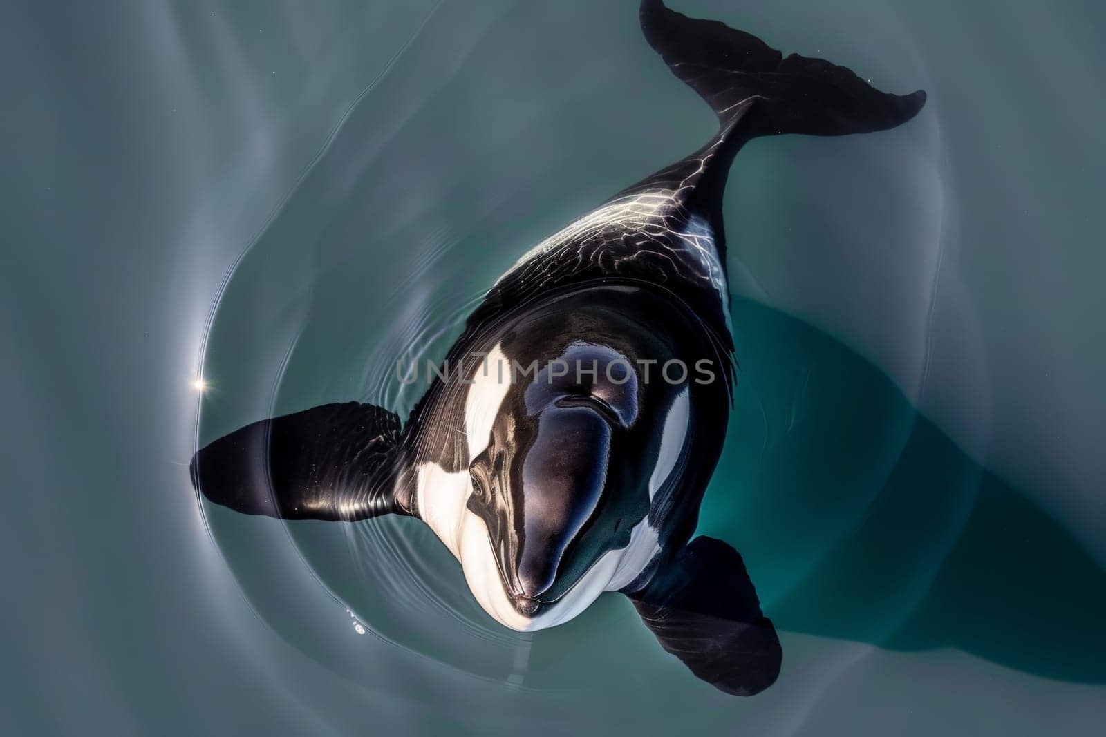 A powerful orca gracefully swims through crystal-clear blue waters, its sleek body cutting through the waves with effortless grace.