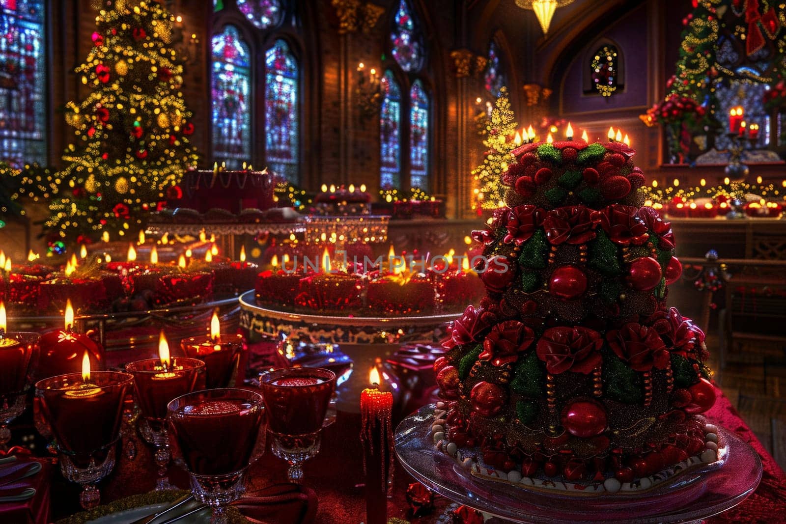 A grand Christmas tree stands tall in a church, glowing in the warm light of candles surrounding it.