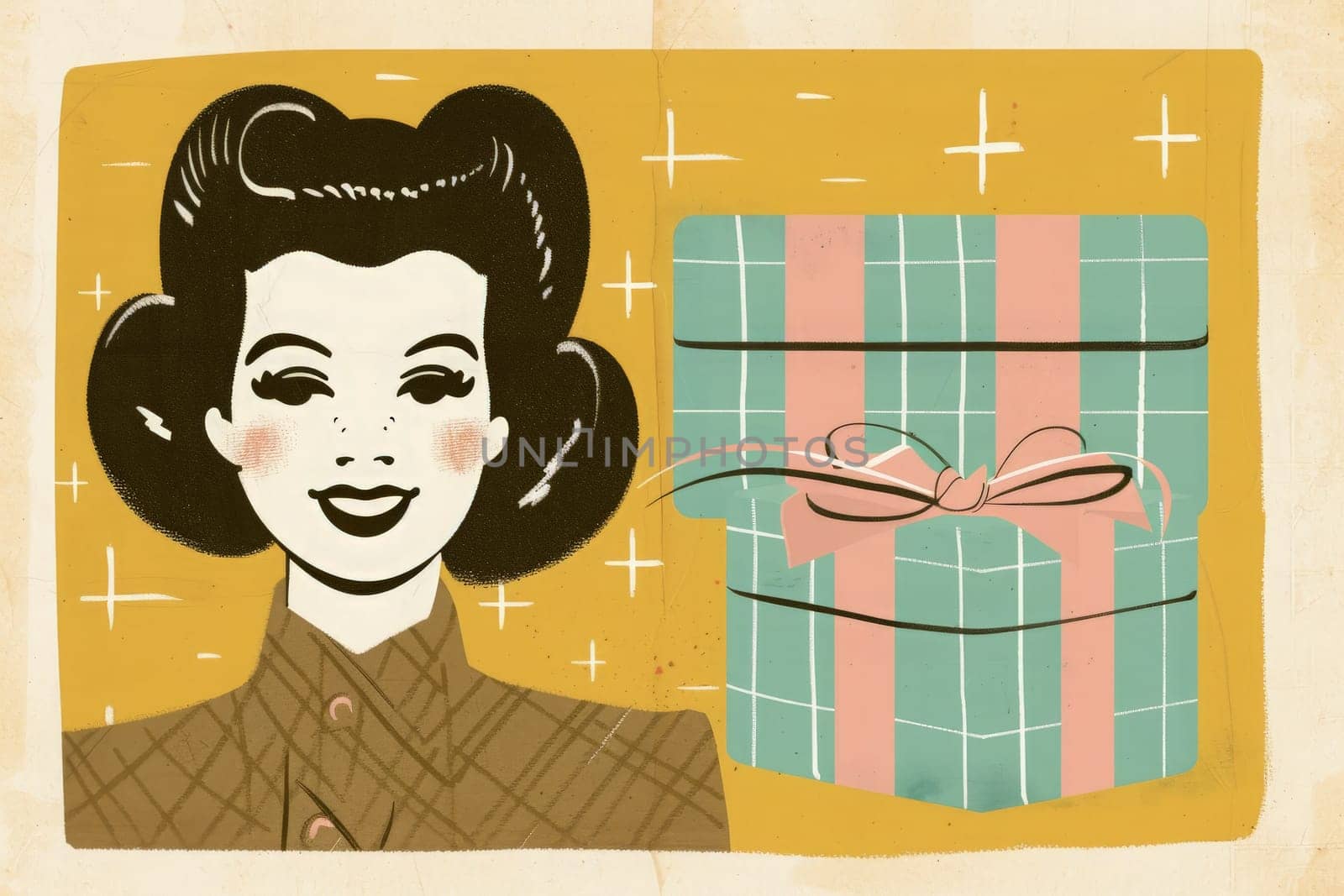 A retro-styled woman beams beside a beautifully wrapped present, evoking nostalgic birthday joy.