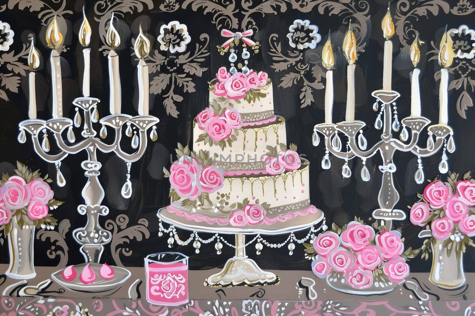 A whimsical painting featuring a table adorned with a delectable cake, surrounded by flickering candles, creating a warm and inviting atmosphere.