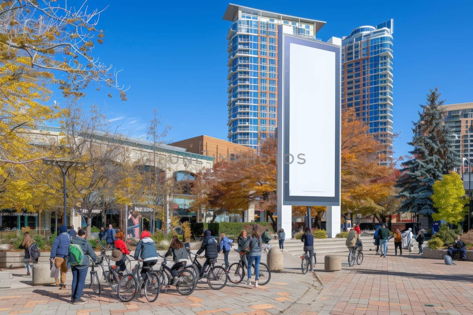 A diverse group of people of all ages and backgrounds standing around with bikes, chatting and laughing in a city street.