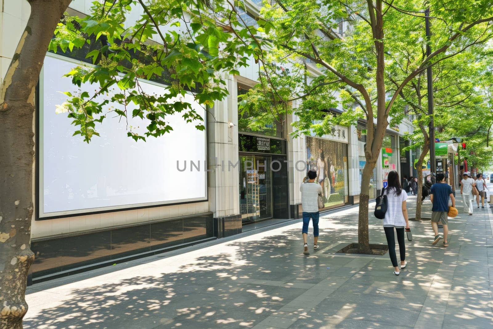 A bustling city sidewalk with pedestrians and a blank billboard awaiting creative advertisement.