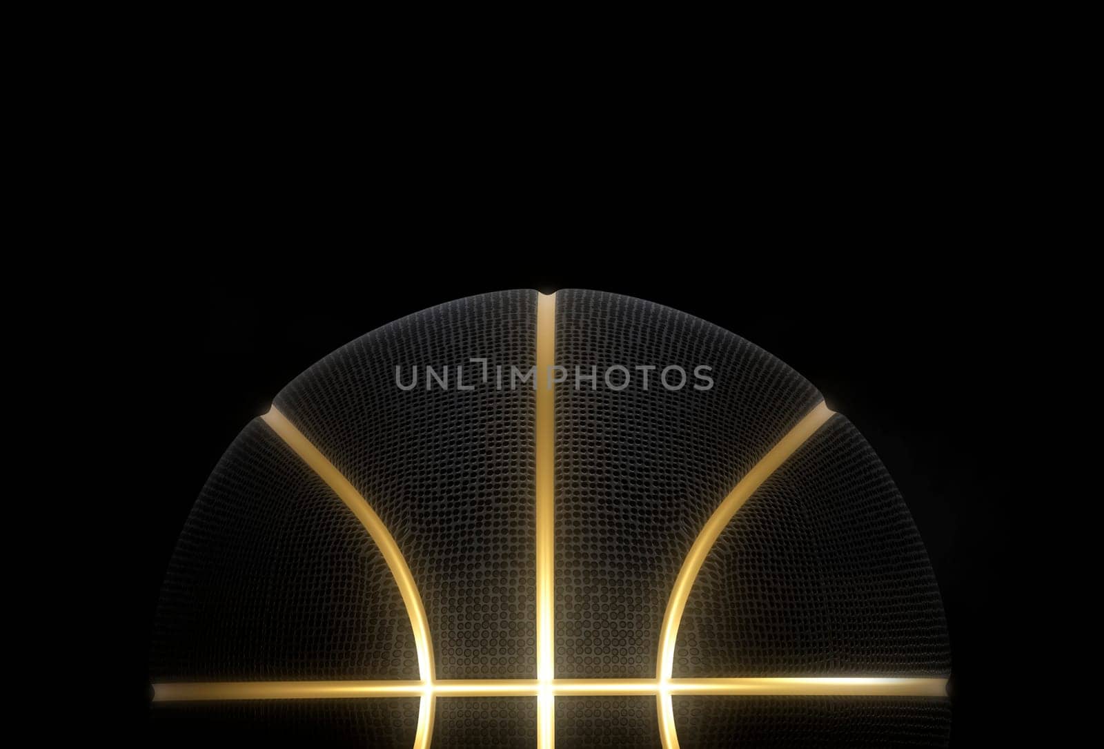 Black basketball closeup with golden lines high quality on black background