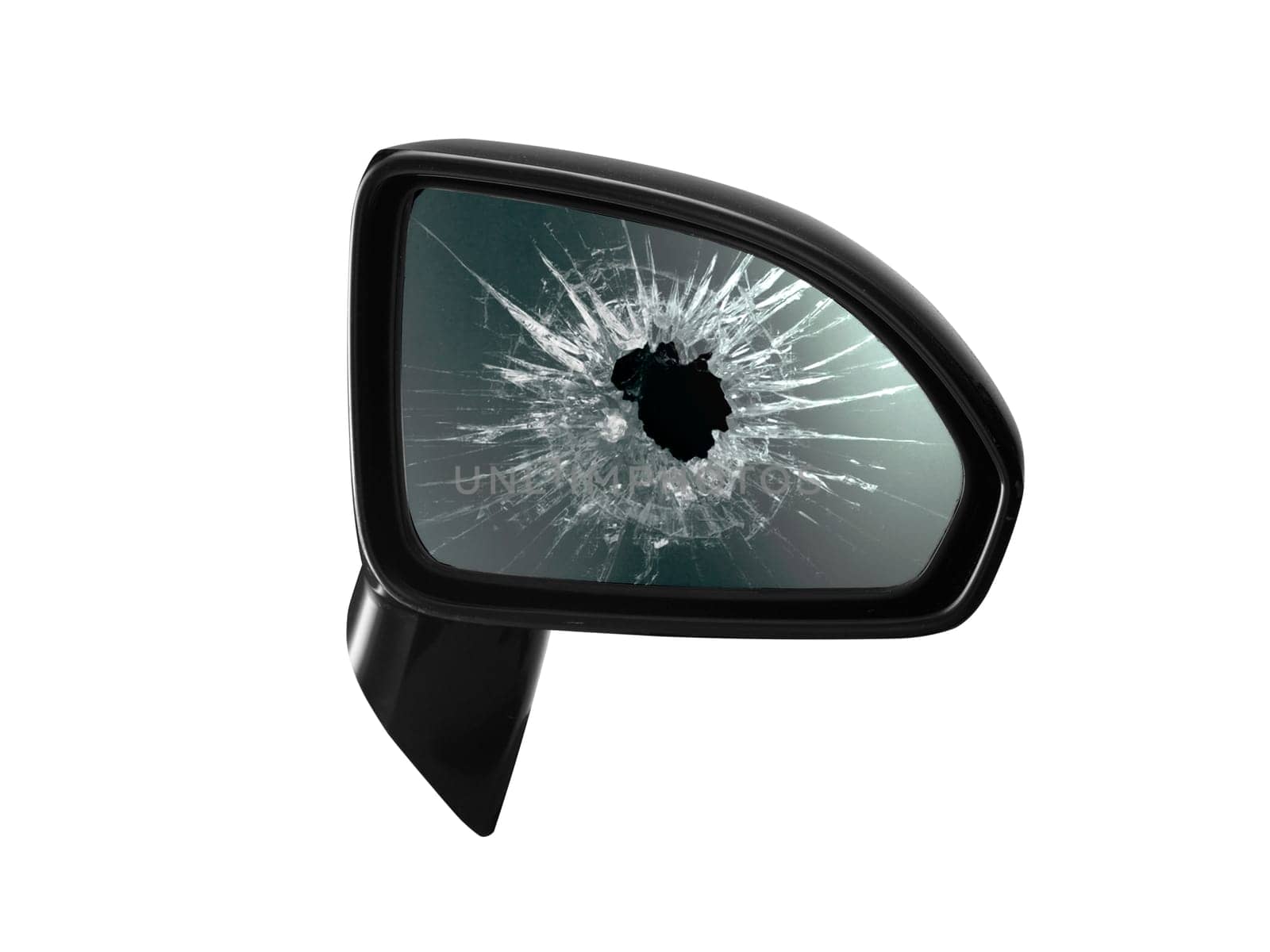 Broken rear view mirror on white background