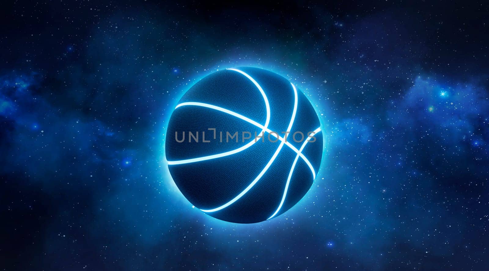 black basketball with bright blue glowing neon lines in the Planet view from space