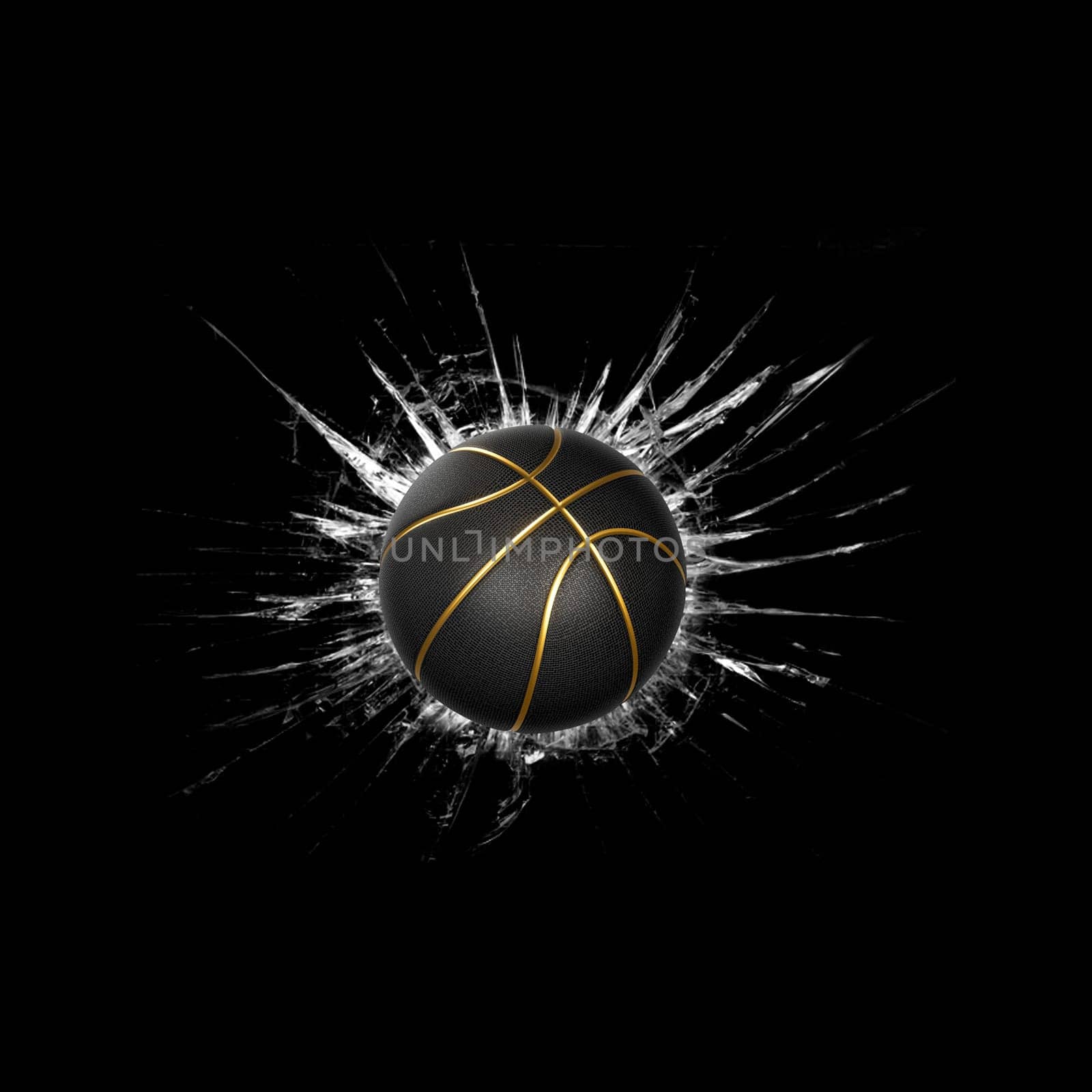 Fast Black basketball ball. through broken glass on black background