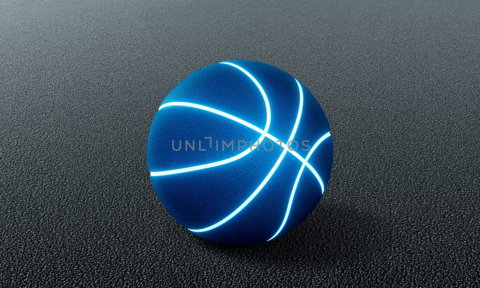 Blue basketball with bright glowing neon lines on the cement floor